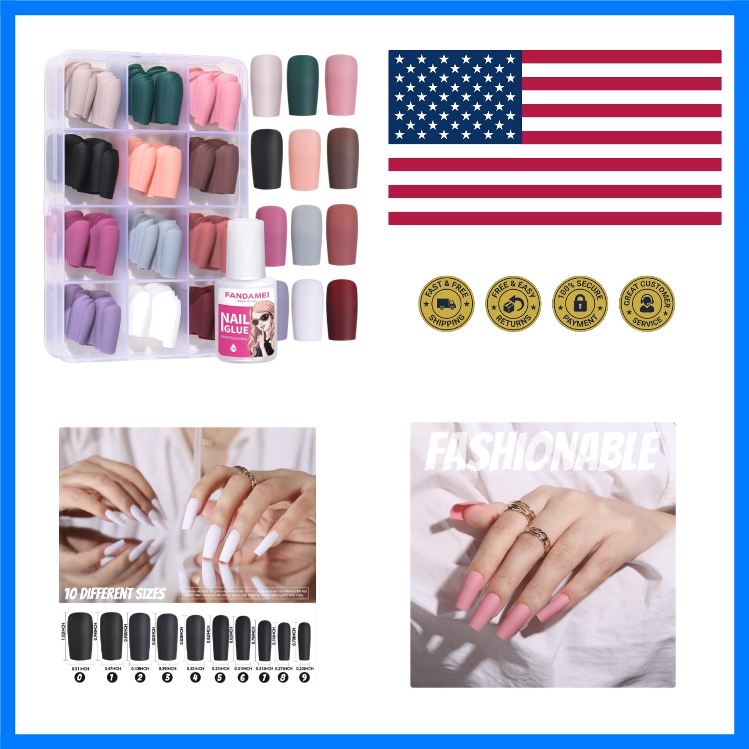 Press on Nails Medium Square, 12 Packs 288PCS Acrylic Matte Square Fake Nails…