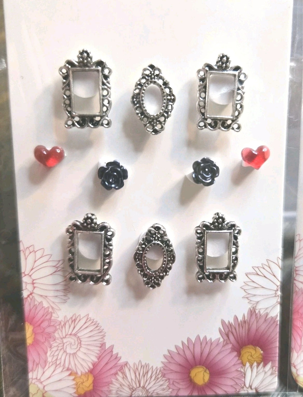 2 Sets 24 Pcs 3D Nail Art Charms Silver Frames Hearts Cross Black Roses Red Gems