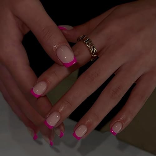 Hot Pink French Tip Press on Nails Short Square Nails french square hot pink