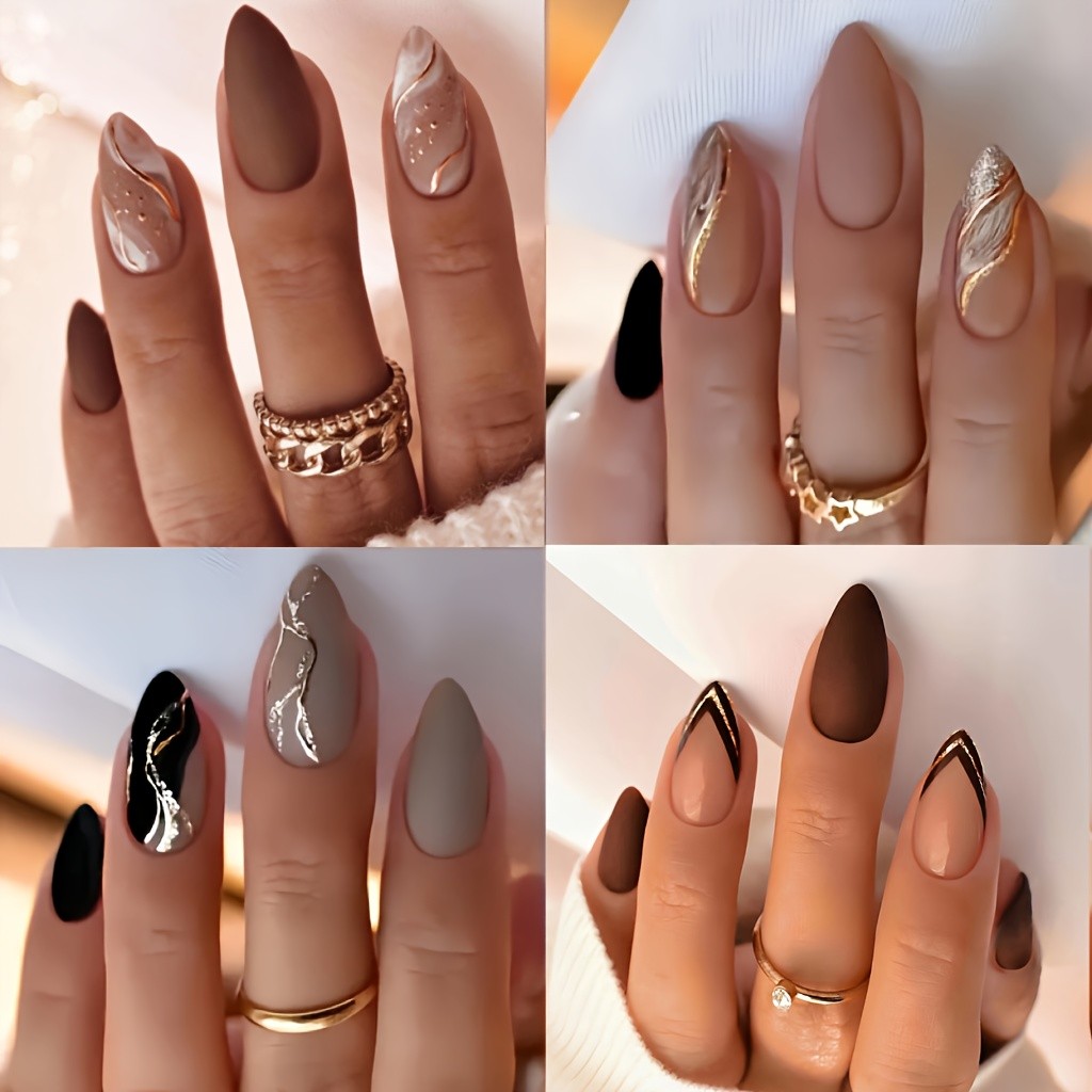 96pcs(4Pack) Trendy Neutral Brown Press On Nails Reusable Elegant Daily Manicure