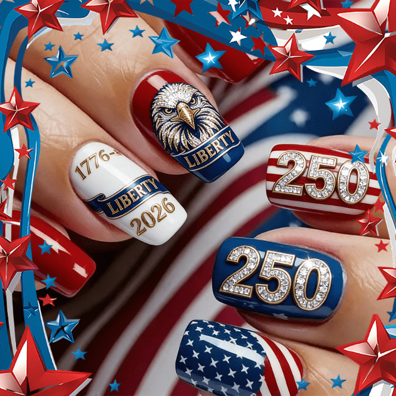 96Pcs Glossy Nails, USA 250th Anniversary, Flag & Eagle Pattern