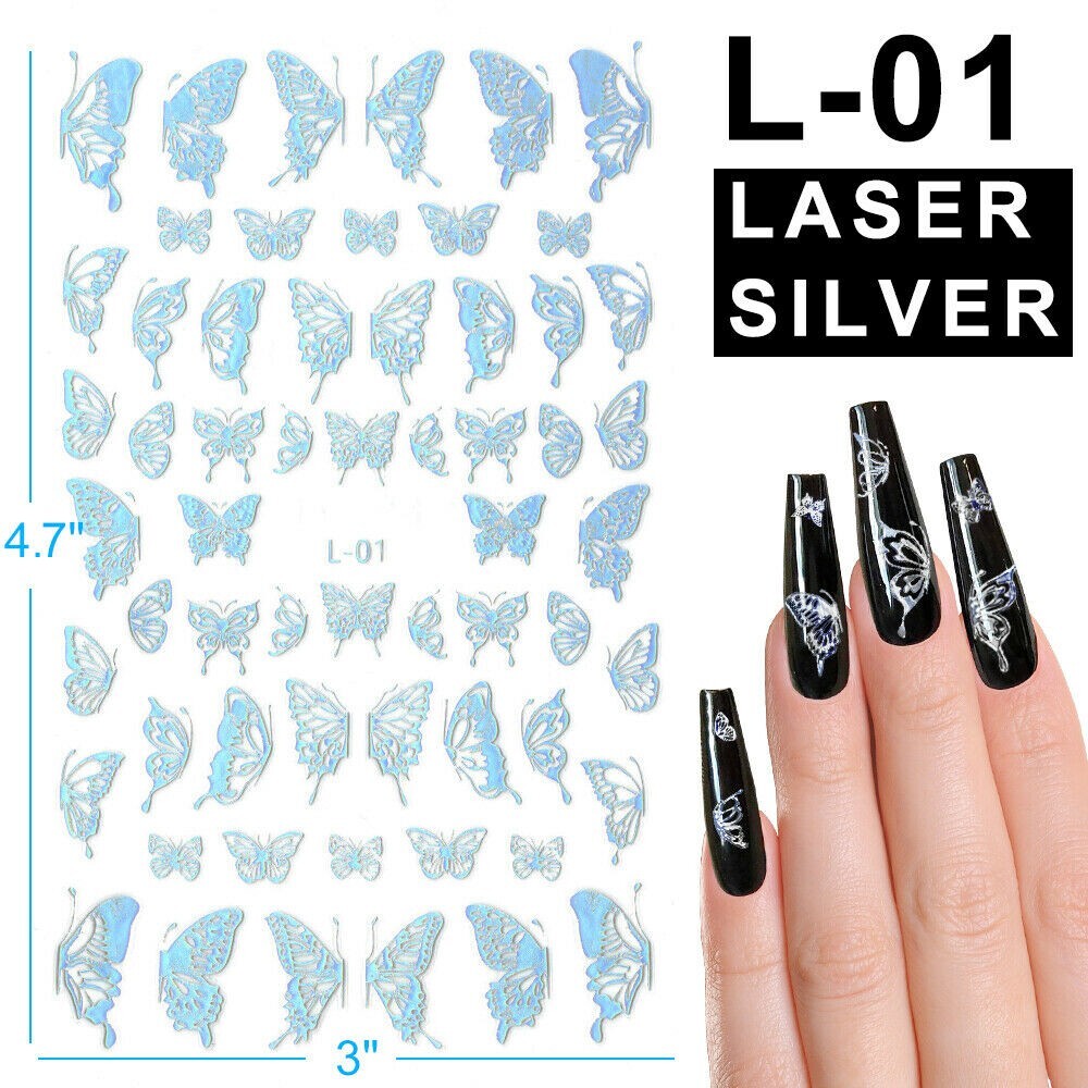 Holographic Butterfly 3D Nails Art Sticker Laser Silver Decal Decoration L1 NS15