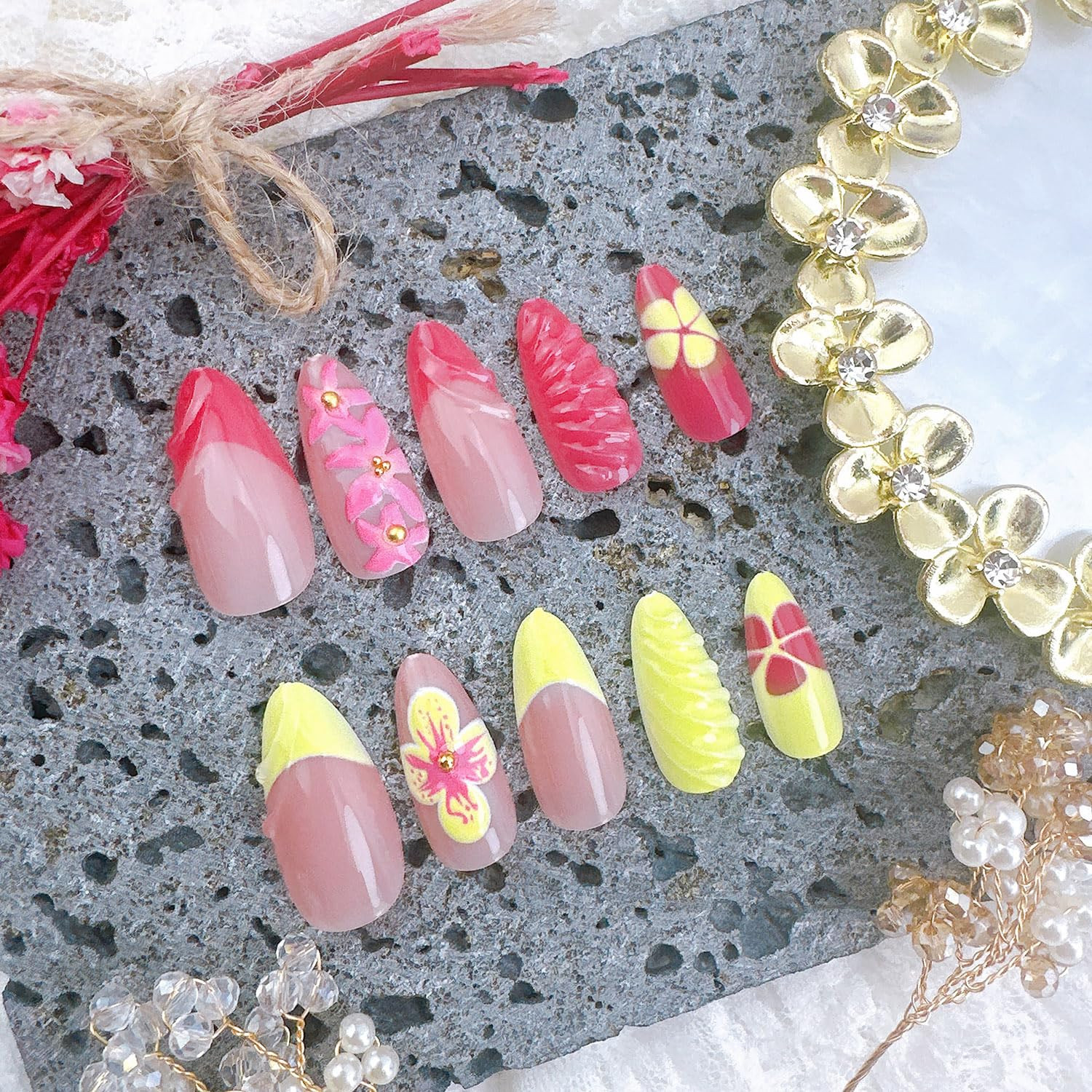 24Pcs Pink Press on Nails Medium Almond 3D French Tip Fake Nails with Gold Beads