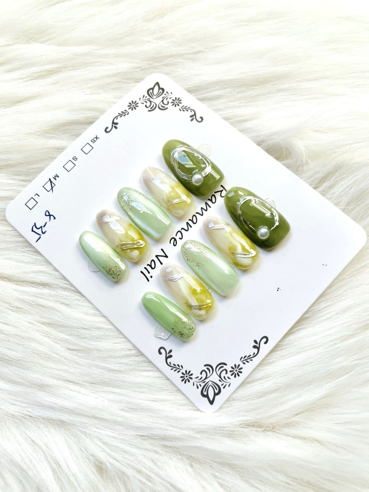 Green Silver Pearl Cateye Premium Press On Nails Size Medium, Long Length Almond