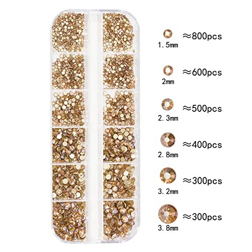 2920Pcs Crystal Nail Rhinestones Round Flatback Rhinestones Champagne Gold