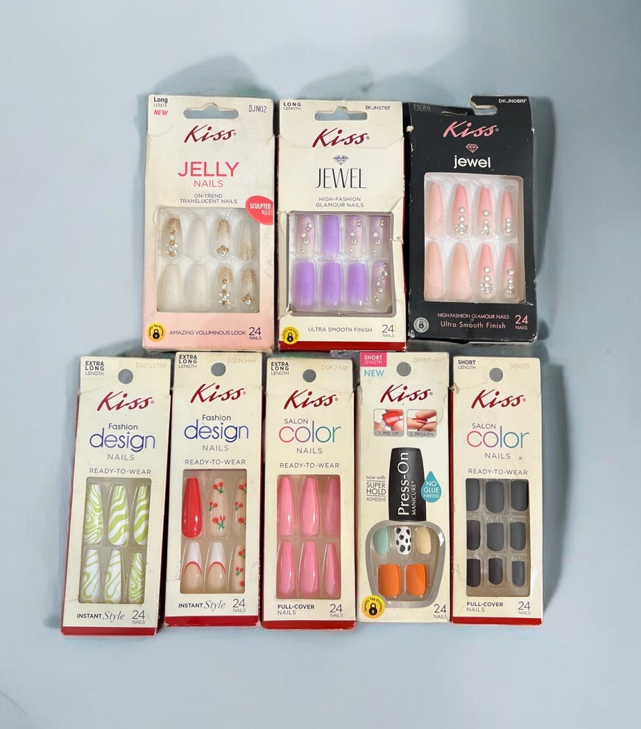 New Lot Of 8 Kiss Press-On Nails Manicure Assorted Different Jewel Jelly