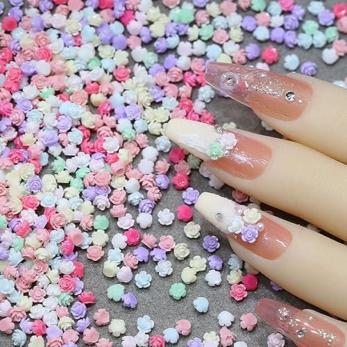 100Pcs Random Mixed Colors 4mm Tiny Flower Nail Charms Flatback 3D Flowers for