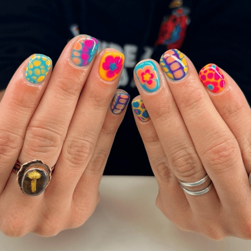 48P Short Square Press on Nails,Neon Colorful Floral Polka Dot Trendy Fake Nails