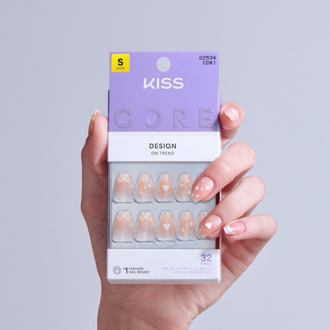 KISS 32 GLUE ON NAILS VALENTINES DAY CHEERS PINK SHORT COFFIN WITH WHITE HEARTS