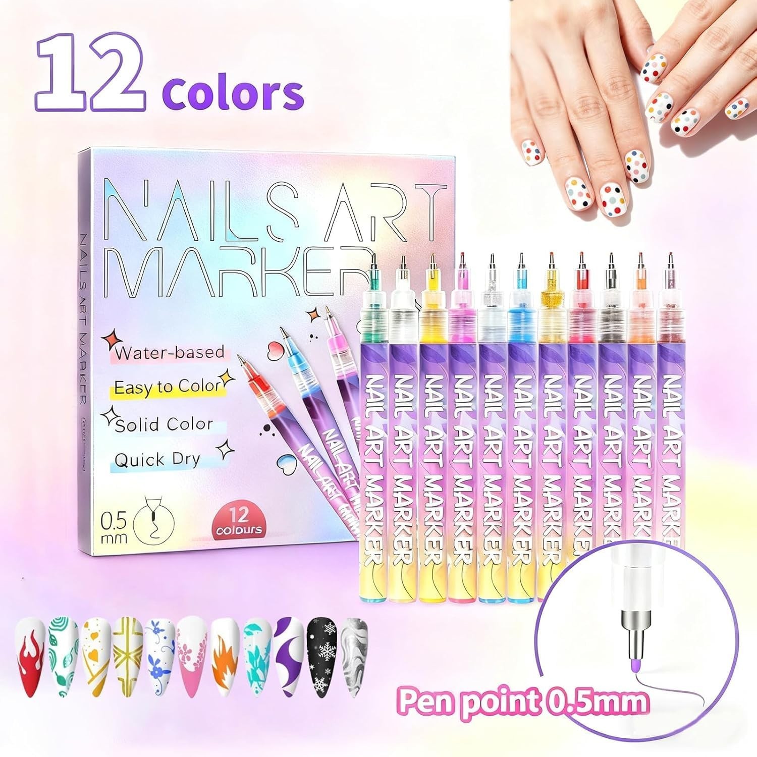 12 Colors Nail Art Pens Set – 3D Nail Art Markers, DIY Painting & Liner Brushes
