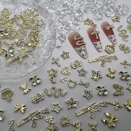 KINGNAME 106Pcs 3D Gold Nail Charms, Luxury Bling Snake Bow Butterfly snake