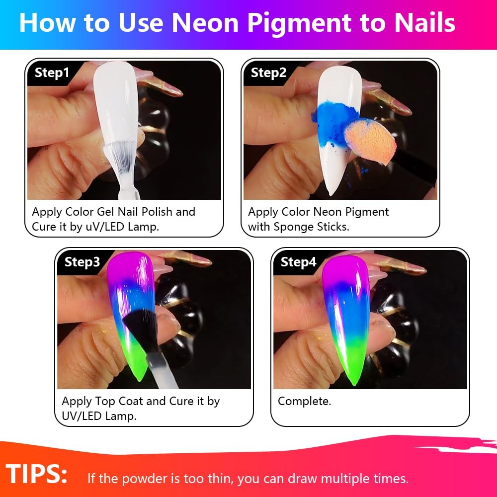 Neon Pigment Powder – 12 Fluorescent Rainbow Colors, 3D Nail Art, 12 Colors