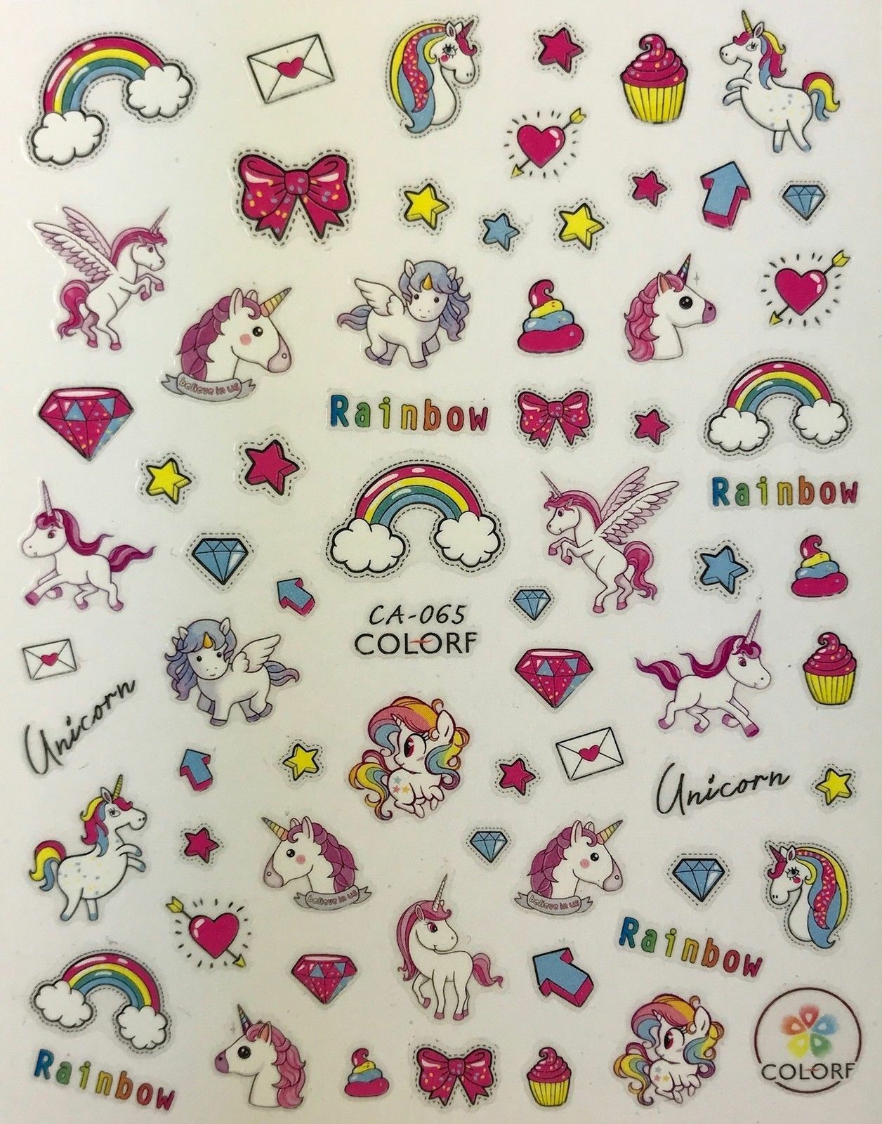 Nail Art 3D Decal Stickers Unicorn Rainbow Cupcake Star Bow Heart Pegasus CA065