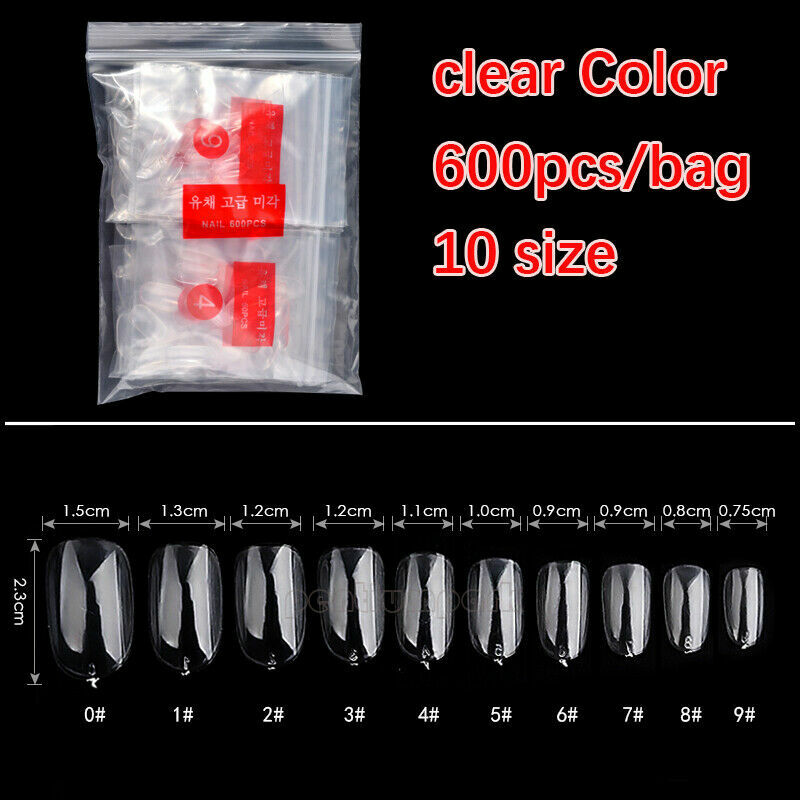 600 Round Head False Acrylic UV Gel Nail Art Tips 10 Size – Natural White Clear