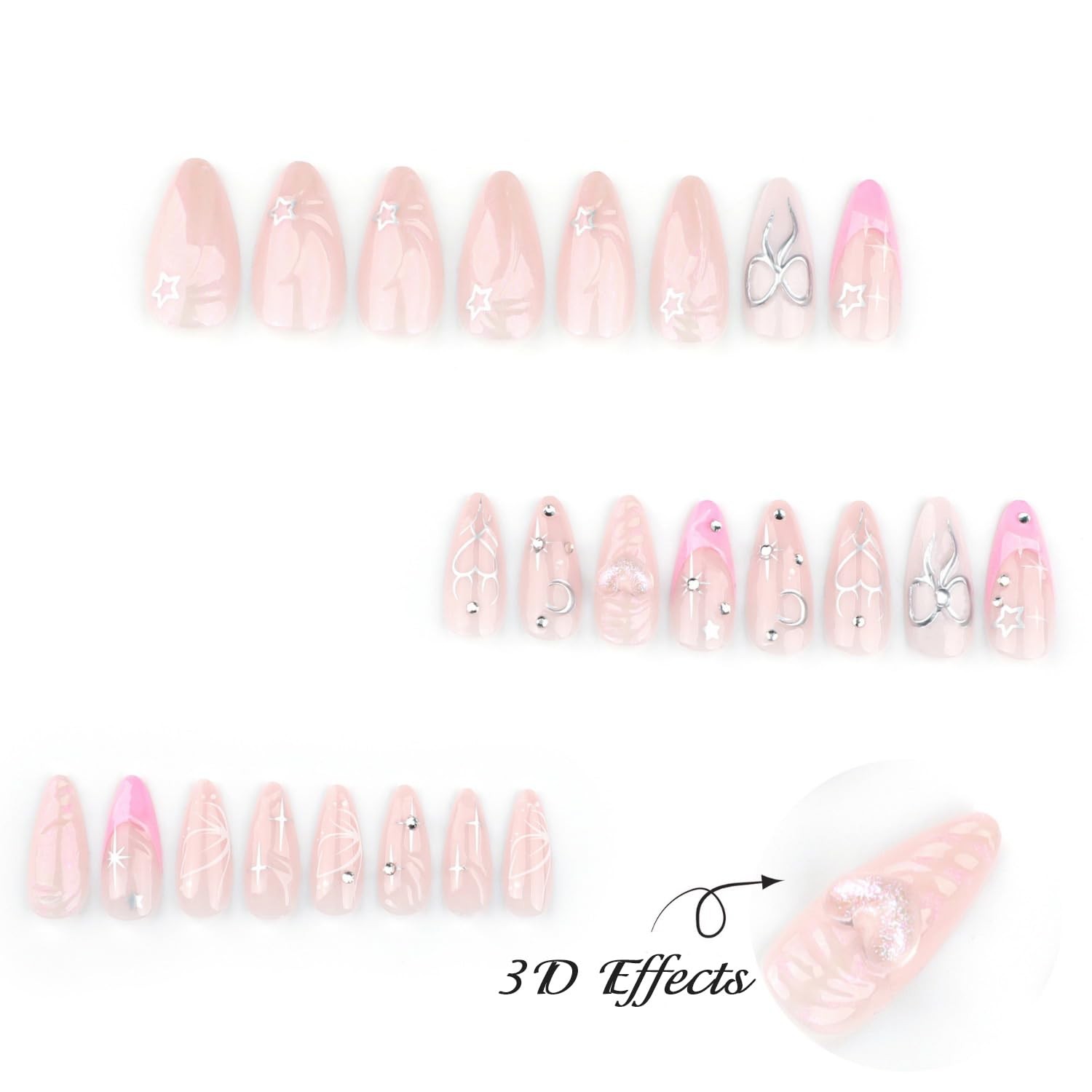 3D Press on Nails French Tip Fake Nails with Designs Glossy Butterfly False N…