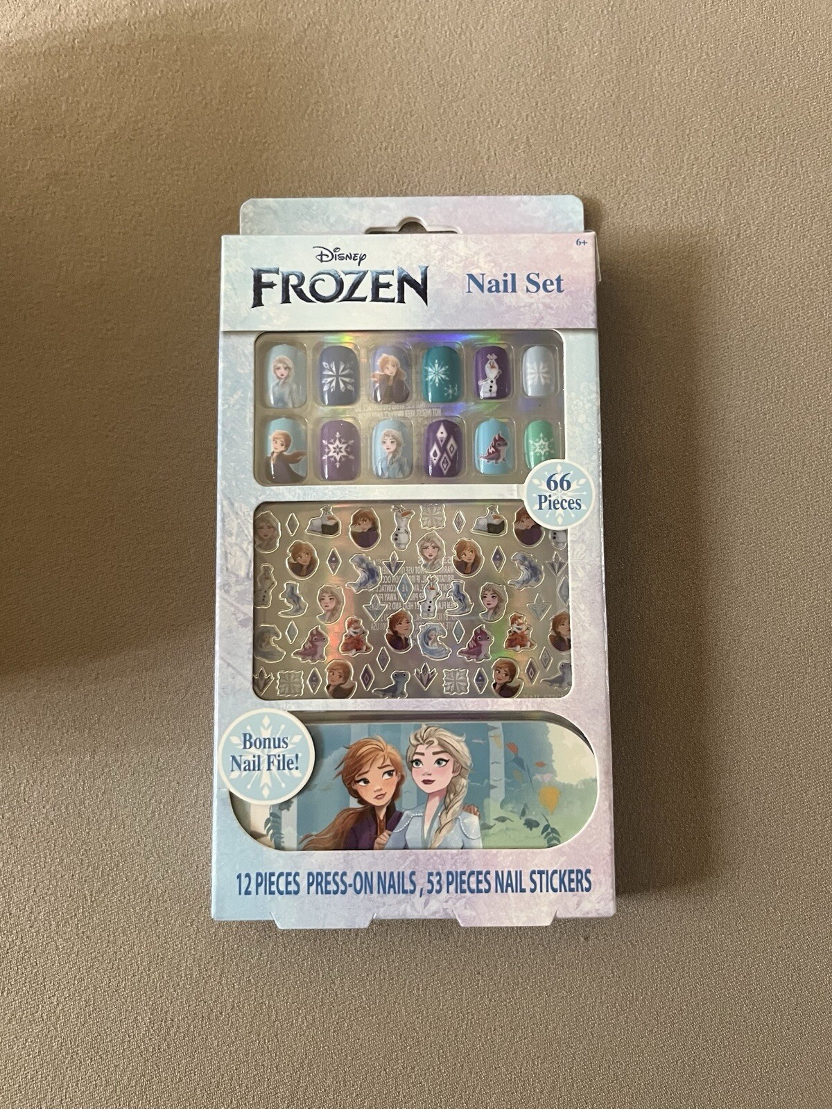 66 Piece Disney Frozen Nail Set~12 Press-On Nails & 53 Nail Stickers, New In Box