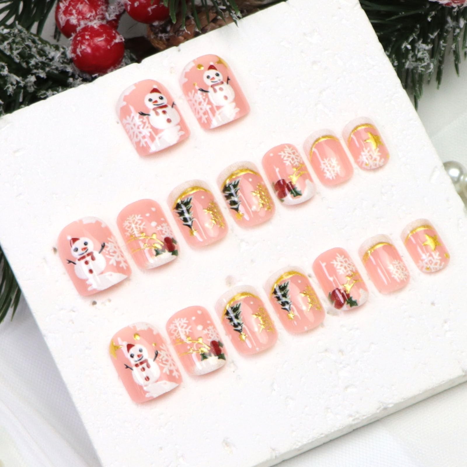 Christmas Press on Nails Short Square Fake Nails with Xmas Tree Snowflake Chr…