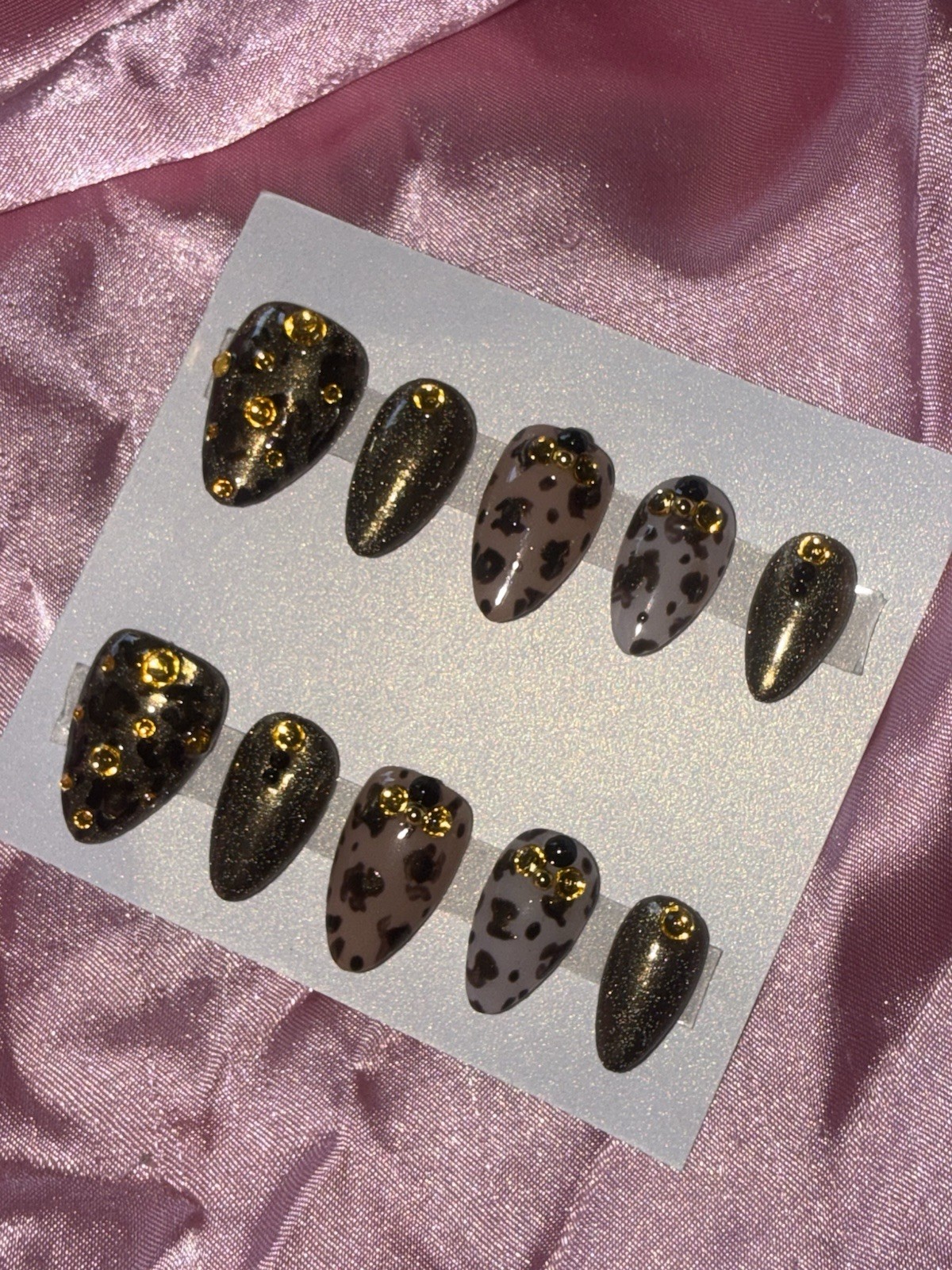 Almond Long Acrylic Pre-Designed 3D Leopard Black Gold Press-On Nails Nail Art