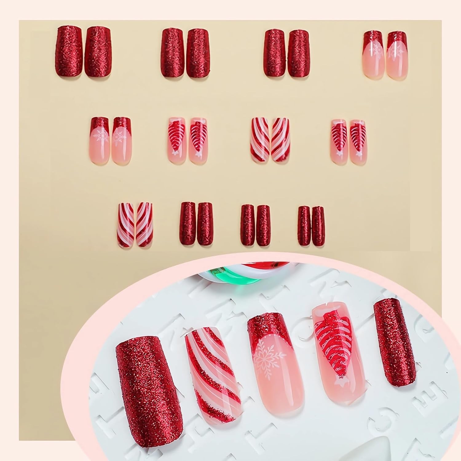 Holiday Acrylic Nails: Custom 24Pcs Red French Glitter & Snowflake Design