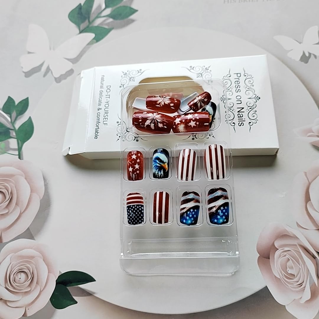 4th of July Press On Nails Short Square Red Blue Fake Nails Press ons Nail Ar…