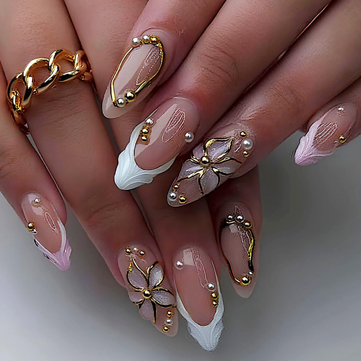 3D Press on Nails Almond – Medium French Tip Fake Nails with Embossed Flower & G