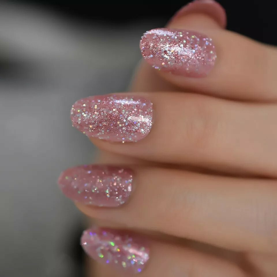 Pink Glitter Press on Nails with glue short rose gold sparkle oval almond