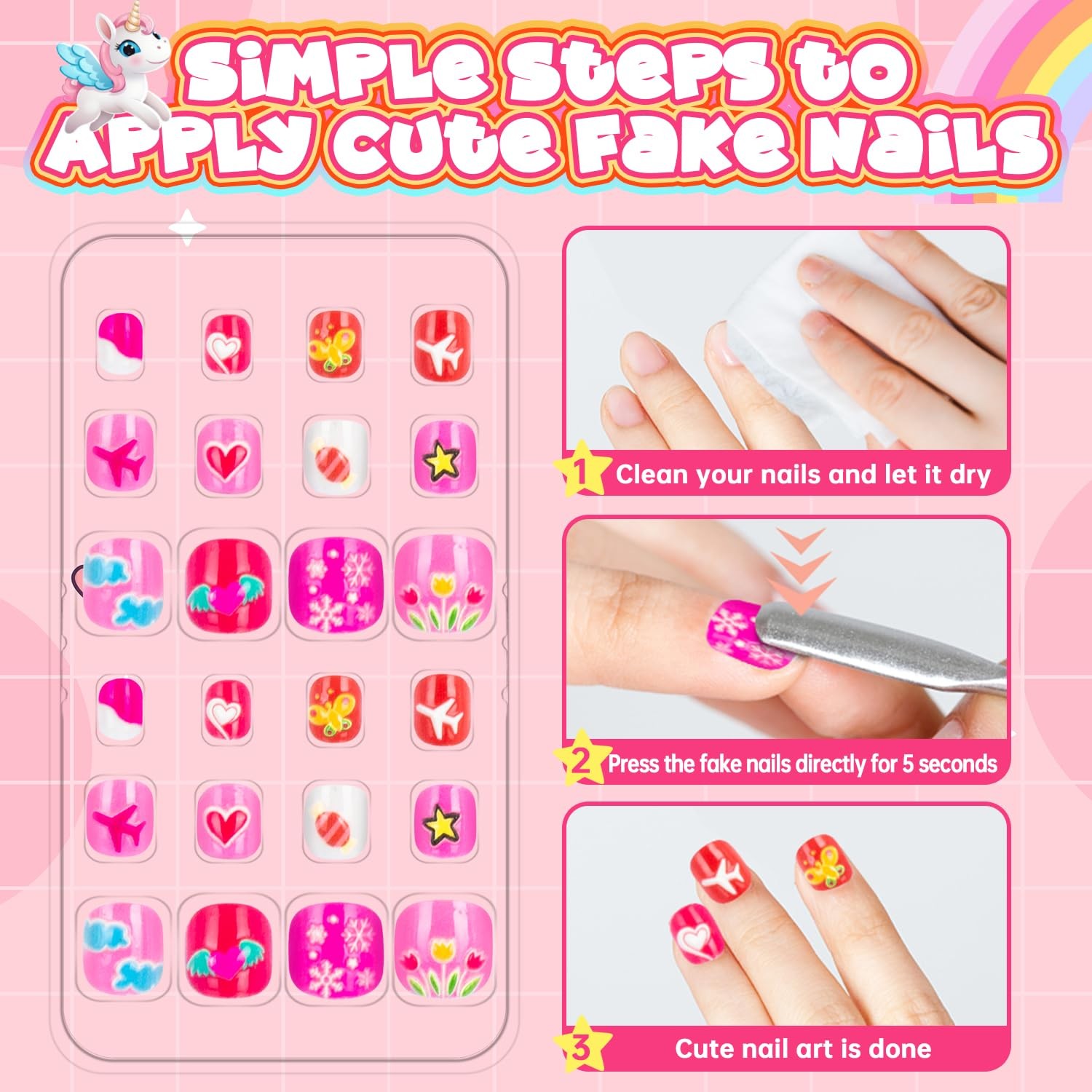 144 Pieces 6 Pack Kids Press on Nails Artificial Fake Nails for Kids Girls Pr…