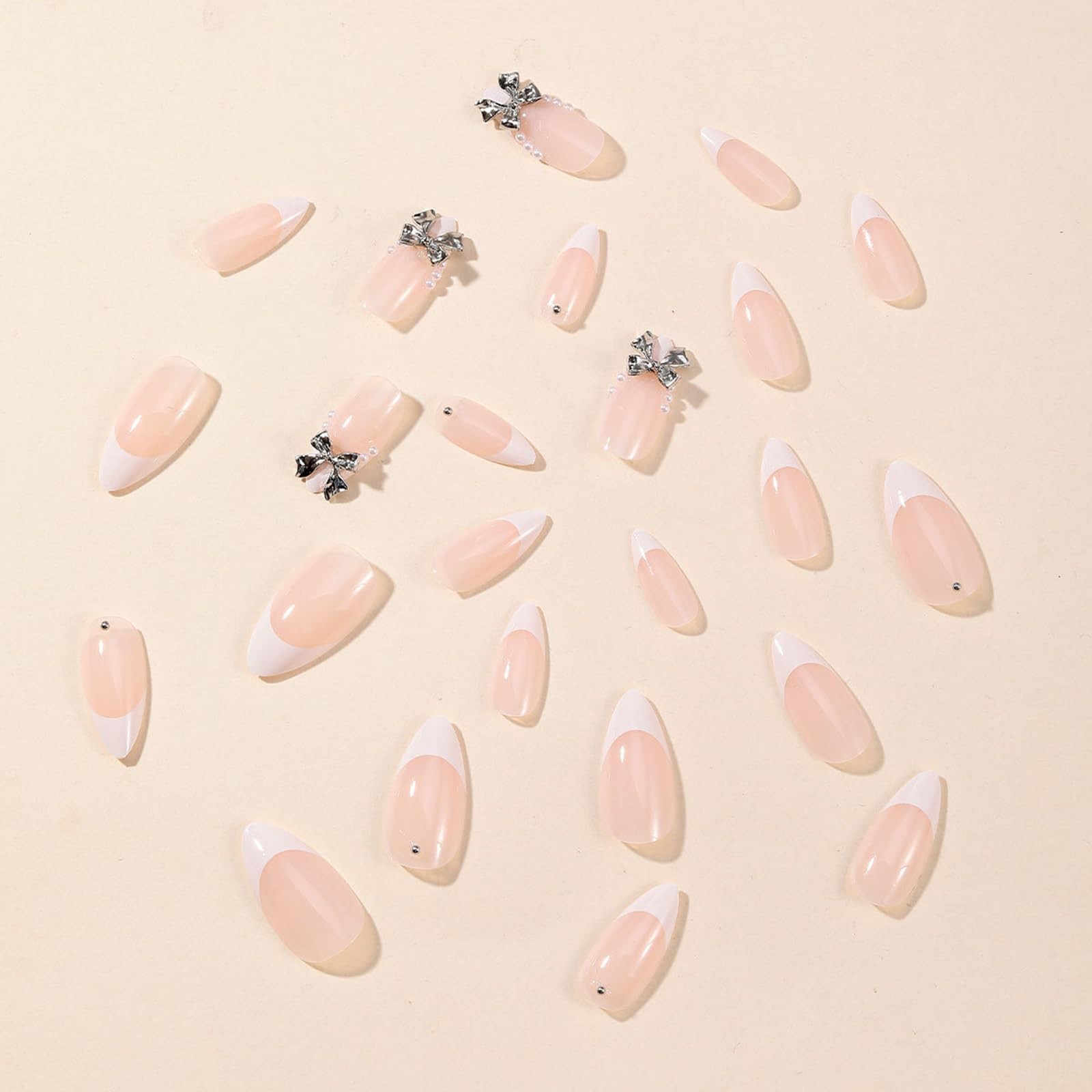 French Tip Almond Glue on Nails – Medium Length False Nails with Silver Bow P…