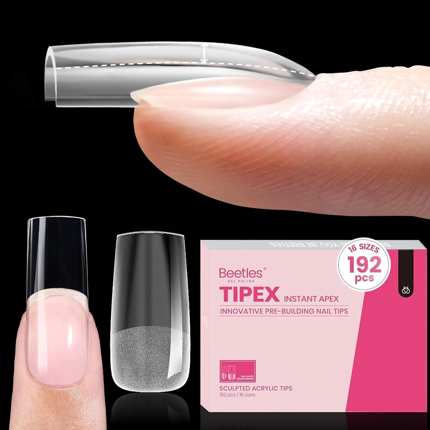 Salon-Quality 192 Pcs Thick Acrylic Tips – Tipex Medium Square with Matte Finish