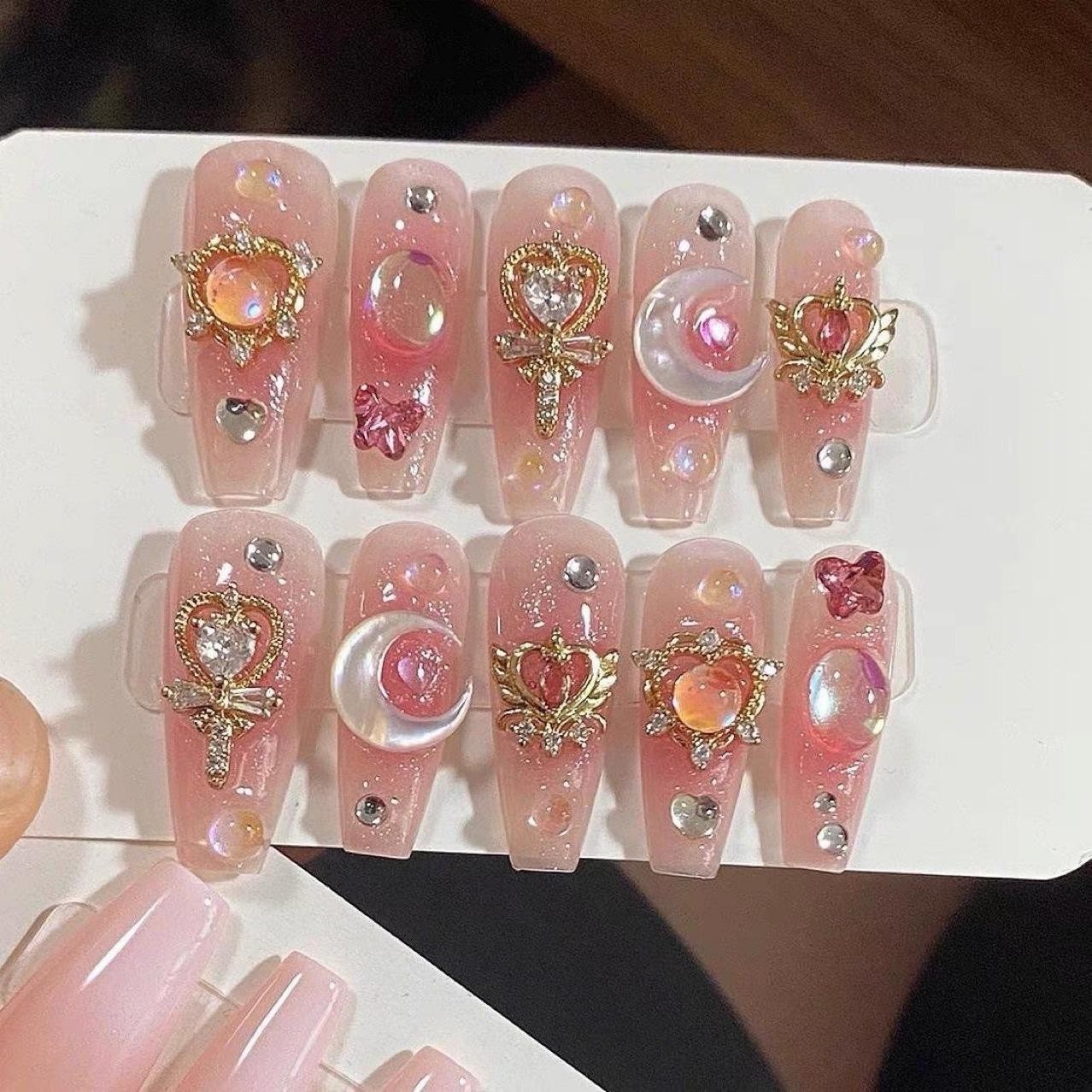 10pcs Cute Handmade Fake Nail Tips Small Monster False Nails with Bow Stars Patt