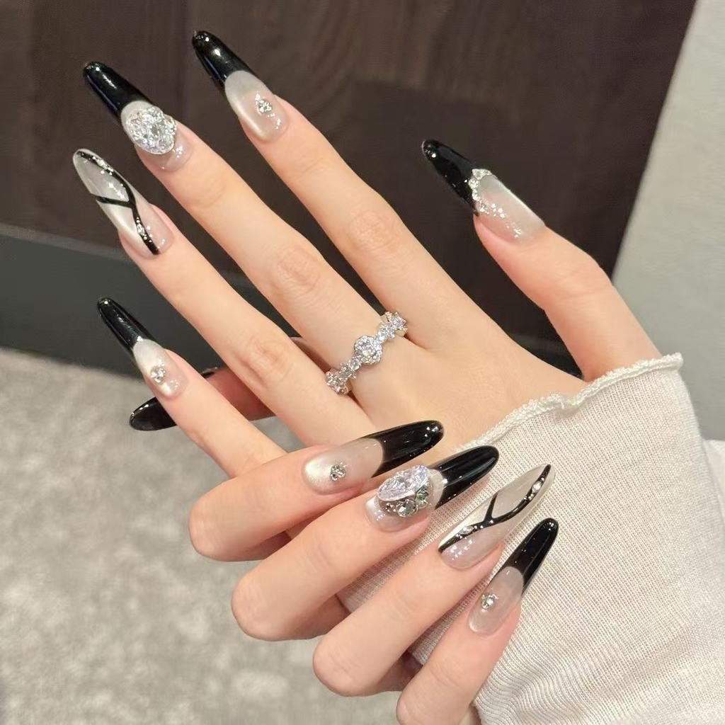 Handmade Fake Nail French Shinny Black Cat Eye 3D Diamond Luxury Press On Nail