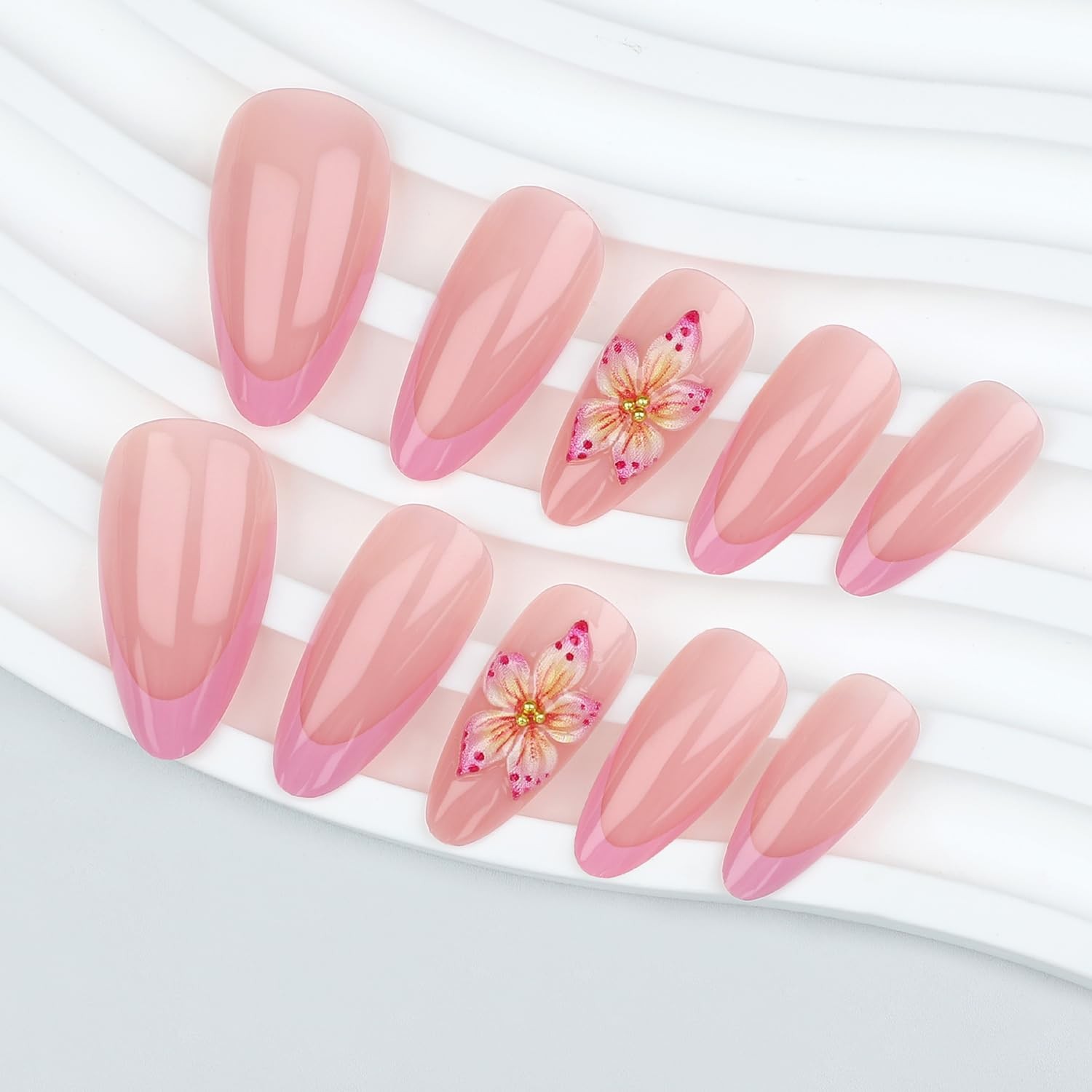 Pink French Tip Press On Nails Medium Almond Fake Nails With 3D Flower Design…