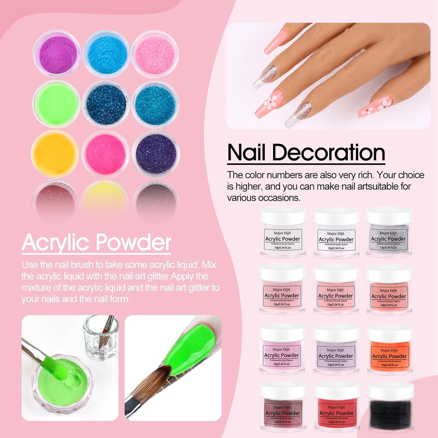 Major Dijit Complete Acrylic Nail Starter Kit with LED Lamp, 12 Colors Powder Ac