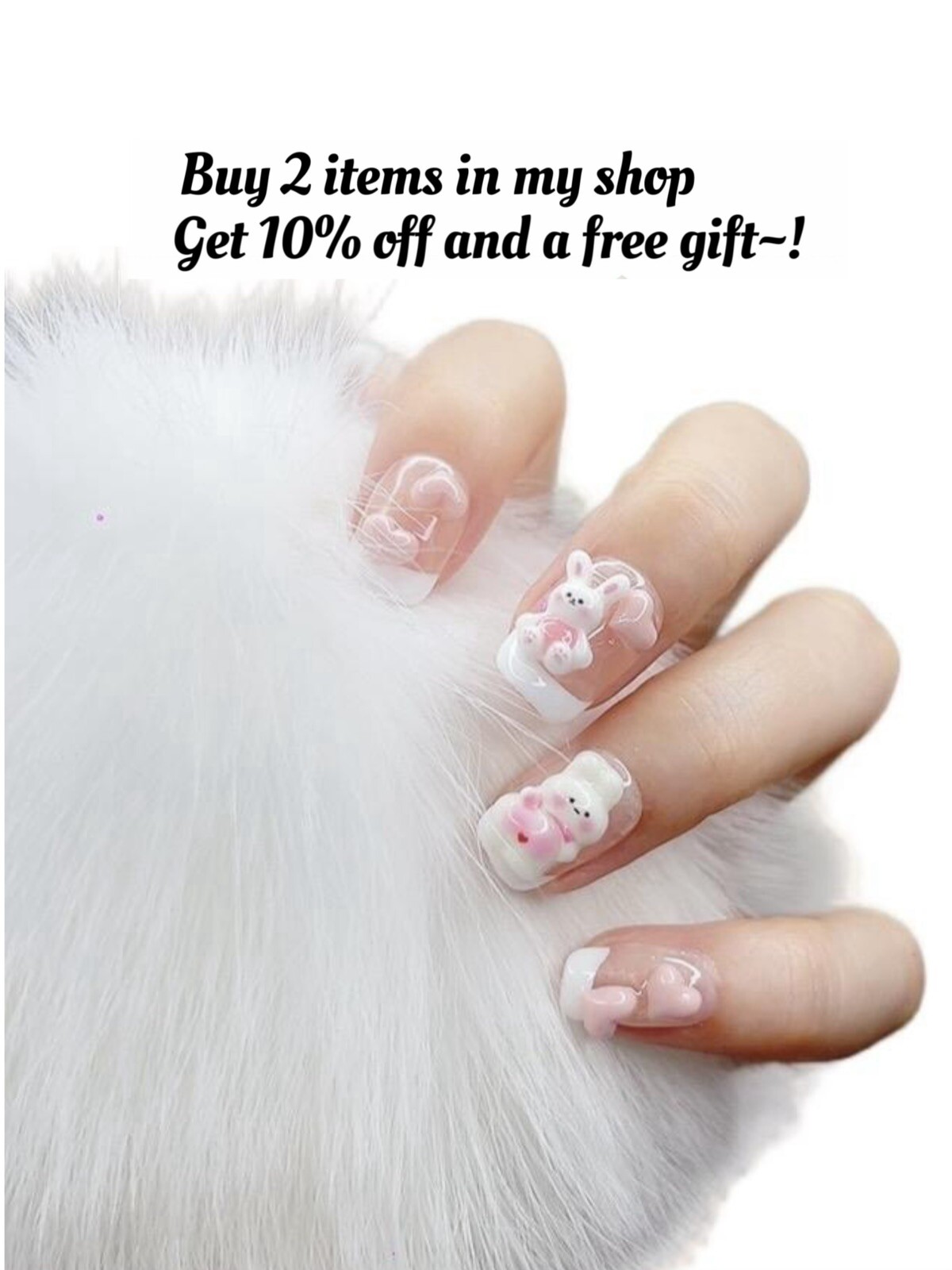Press On Nails (#073) Pink Rabbit Short with Character Design and White Glitter