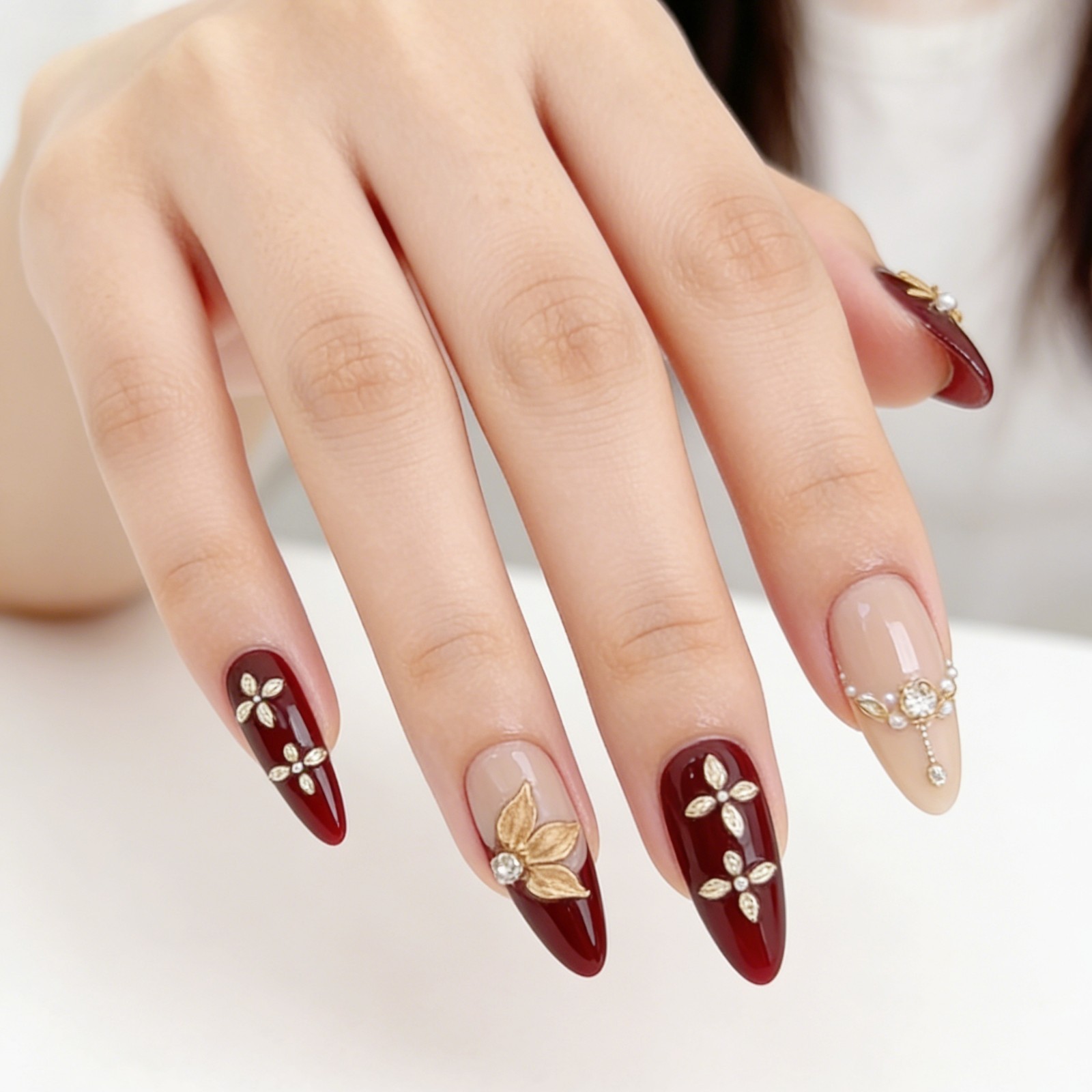 Vintage Gold Maple Leaf Red Press-On Nails with Pearls & Rhinestones Long Almond