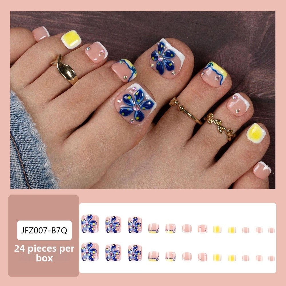 Blue 3D Floral False Toe Nails 24PCS Wearable Tips for For french Style Use