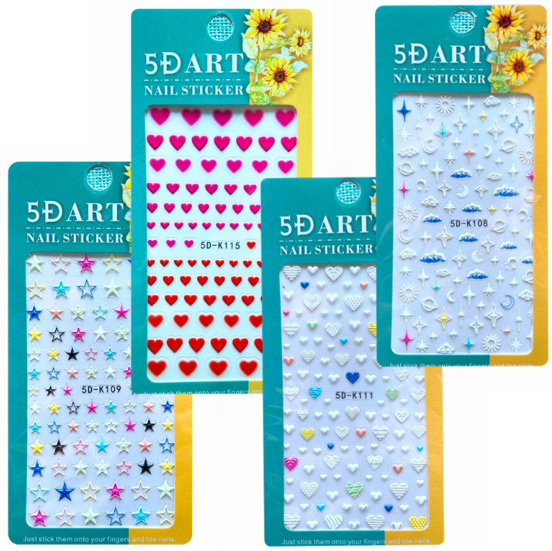 4 Sheets 5D Nail Sticker Engraved Heart Star Slider Embossed Manicure DIY NS17