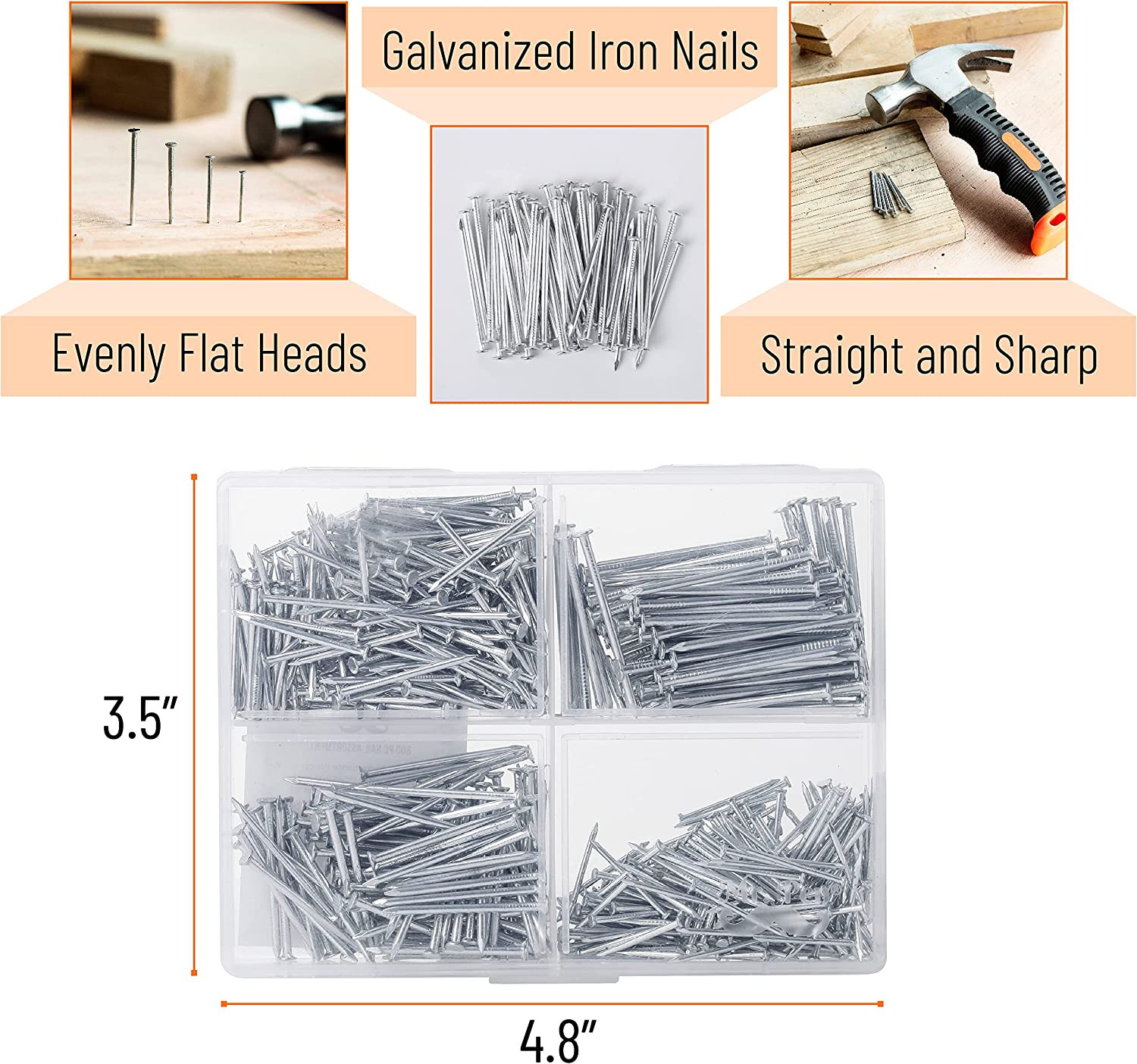 – Nail Assortment Kit, 600 Pcs, 4 Sizes, Silver, Small Nails for Hanging Picture