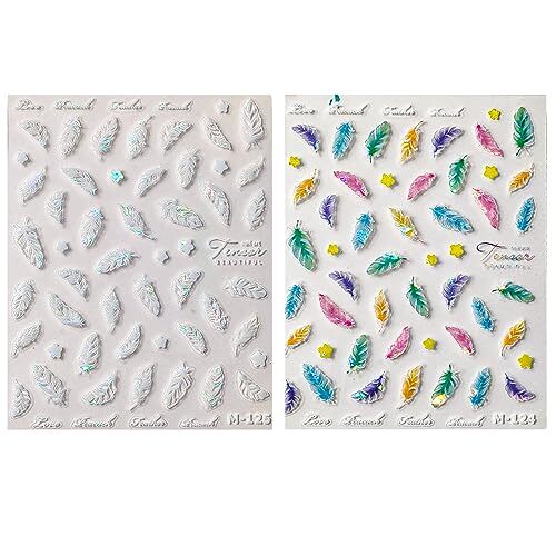 Nail Art Stickers 5D Embossed Nail Decals White Green Blue Pink Leather Feather