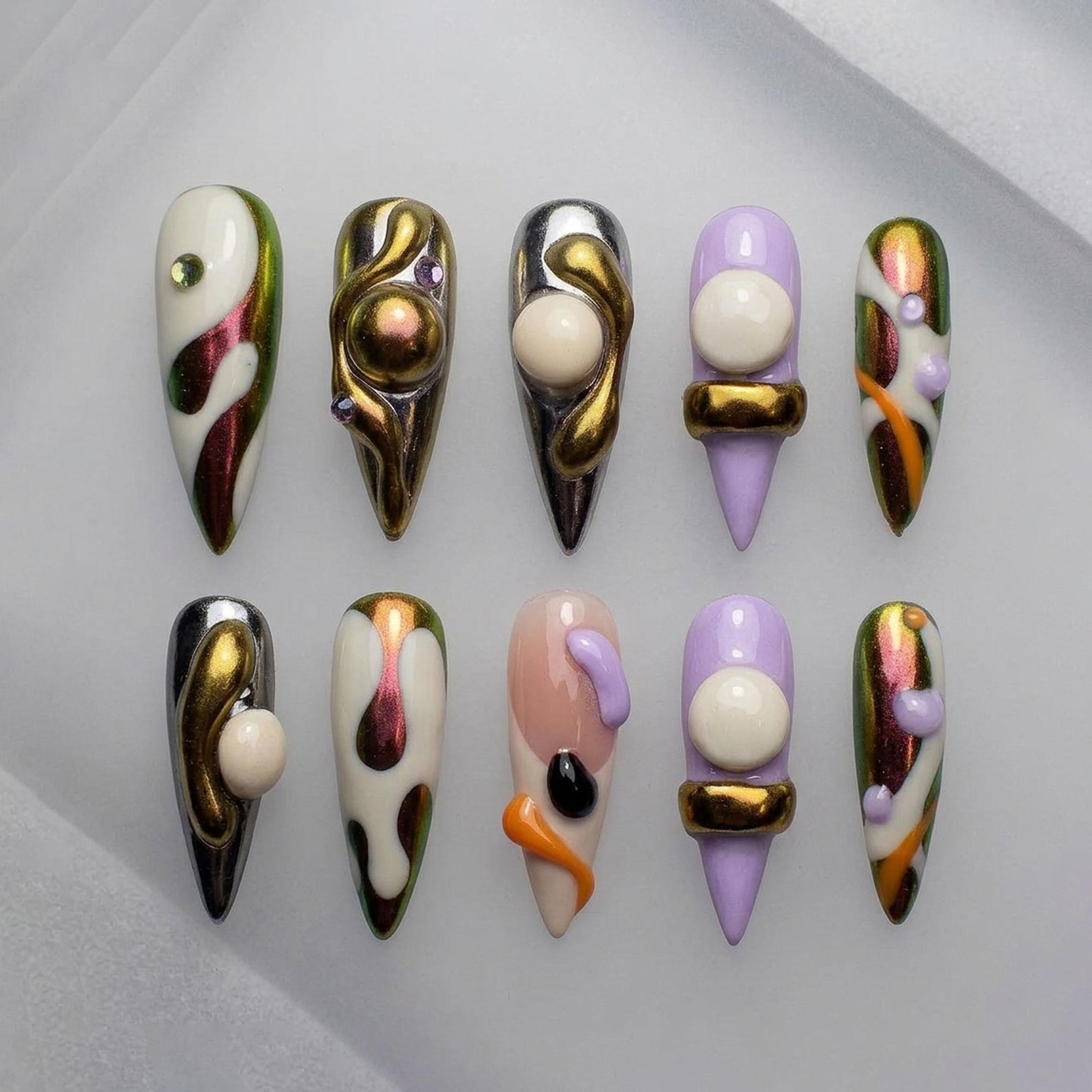 Handmade Abstract 3D Gold Silver Swirl Colorful Medium Almond Press on Nails