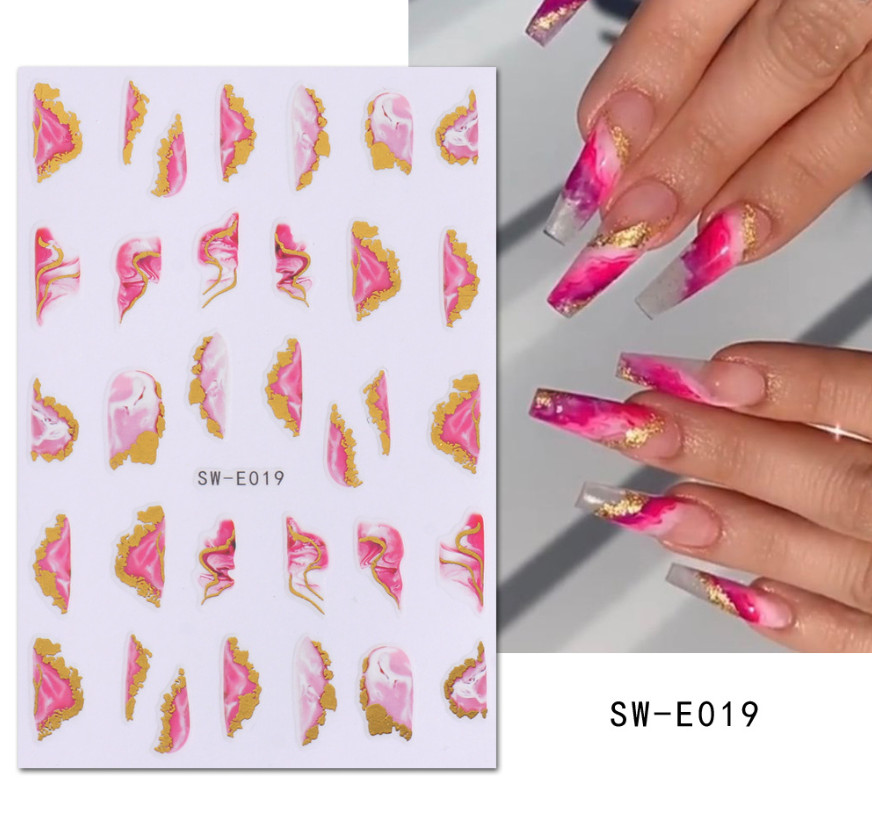 Nail Art Sticker Decal 3D Acrylic Blue Ink French Lines Marbles Golden Wave NS43