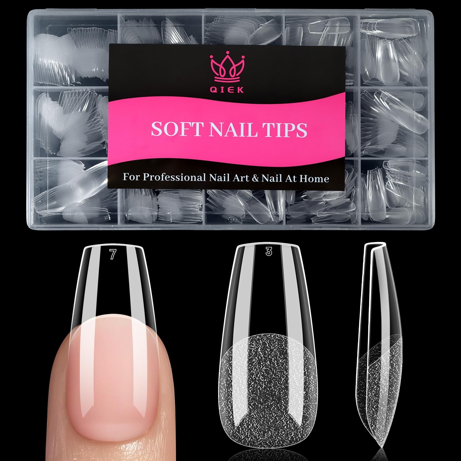 Qiek Medium Coffin Fake Nail Tips, 15 Sizes 240 PCS Clear Half Matte Press On…