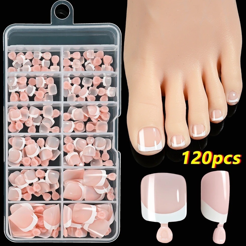 120Pcs Pink French Short Square Fake Nails 12-Sizes Full Cover Press On Nails We