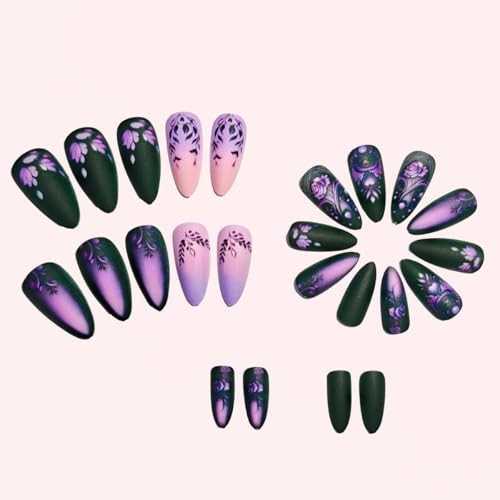 24Pcs Purple Ombre Press on Nails Short Almond Nail Tips,Black Fake Design D7