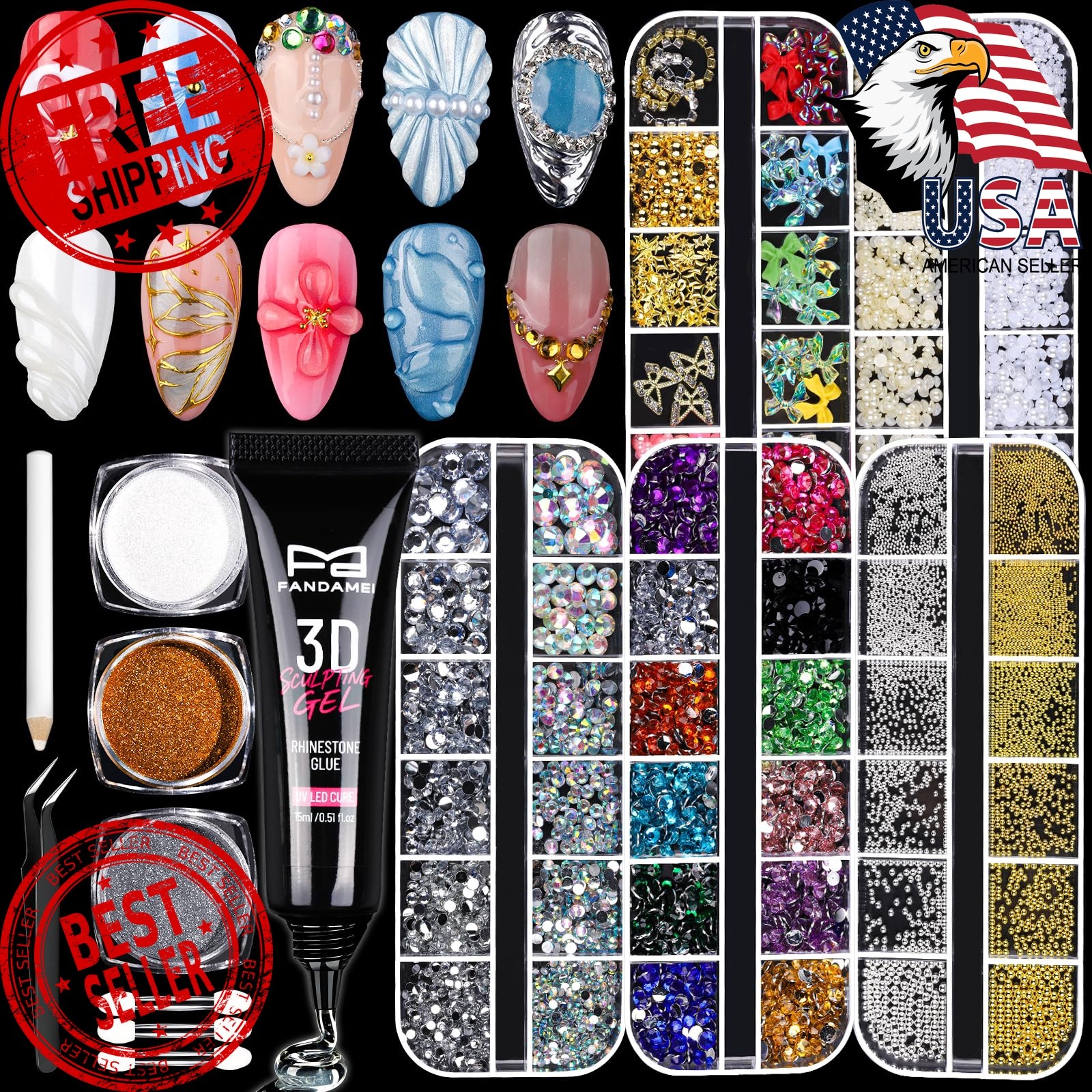 Fandamei 3D Gel Kit Nail Pearls Gems Rhinestones