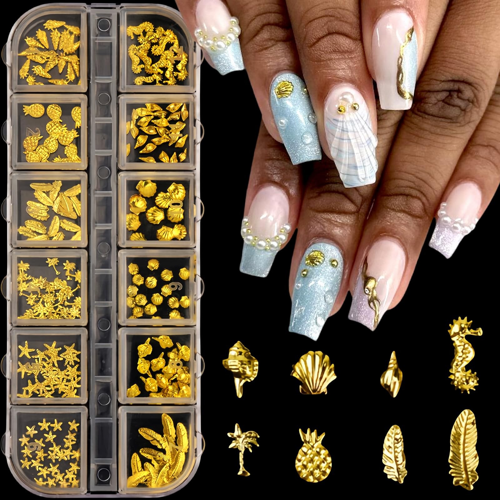 3D Metal Nail Art Studs Mixed Shapes Gold Shell Seahorse Starfish Conch Alloy…
