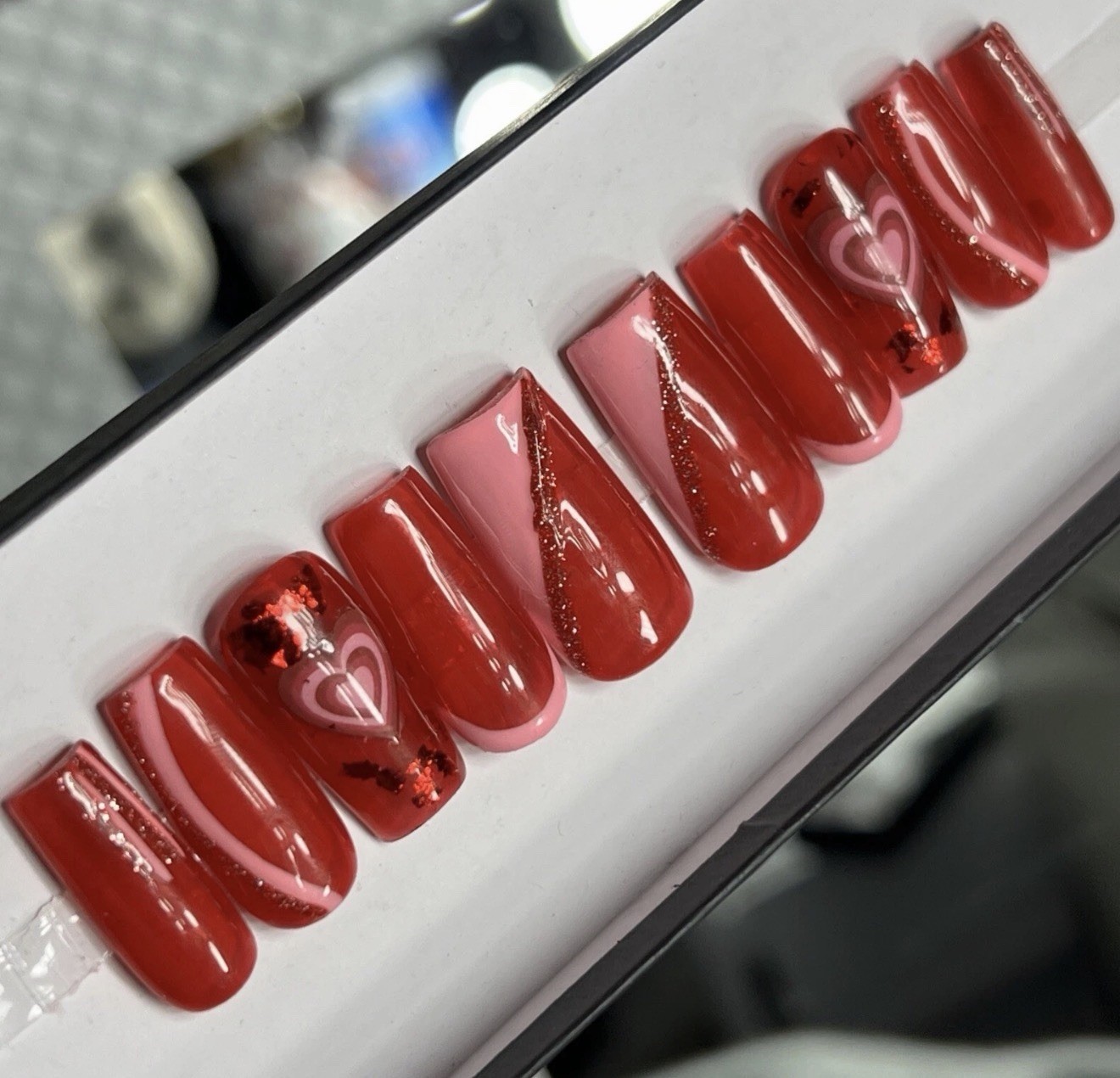 🔥 CUSTOM Gel Press On Nails, RED HEART W BLING 10p FULL SET W Kit