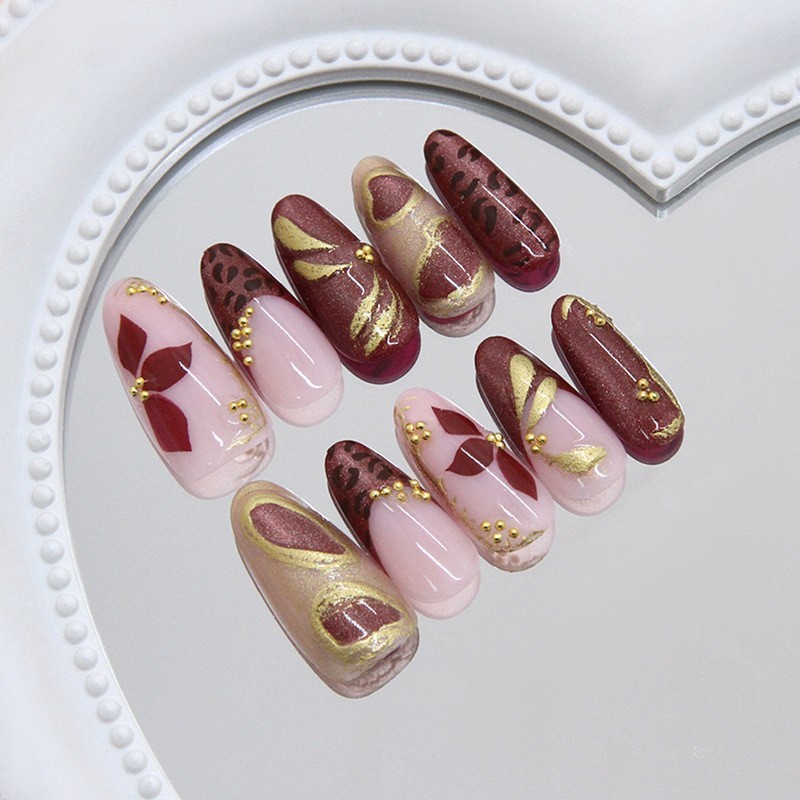 3D Gold Accented Leopard Print Cat Eye Nails for For french Manicure 30Pcs Set
