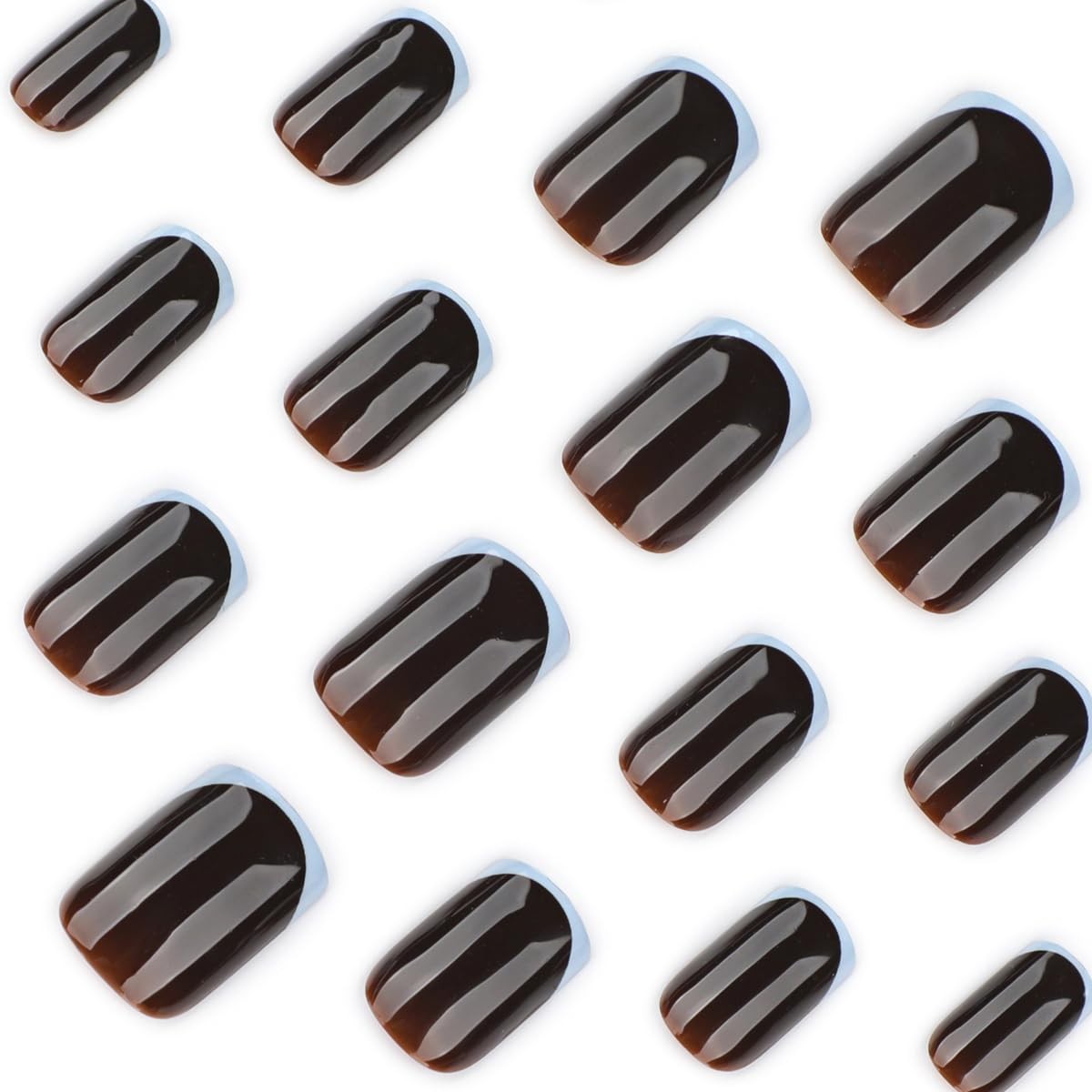 Dark Brown Press on Nails – Medium Square,Light Blue French Tip,Fall Vibes