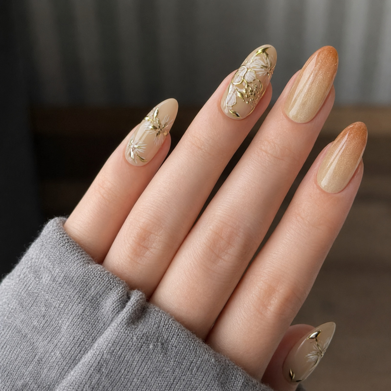 Handmade Nude Gold Floral Press On Nails White Flower Almond Set